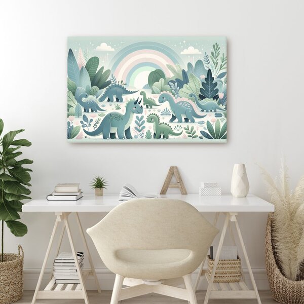 Quadro su tela – Dinosauri felici in una foresta da favola