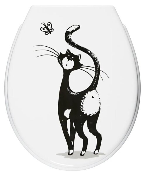 Schläfer 4647130 | Copriwater Universale chiusura rallentata Tavoletta con Disegno Gatto, Coprivaso, Sedile Wc in Termoindurente Cortina con Motivo, Forma Ovale, Cerniere Regolabili in Metallo