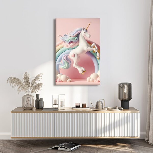 Quadro su tela – Mondo rosa con unicorno e arcobaleno