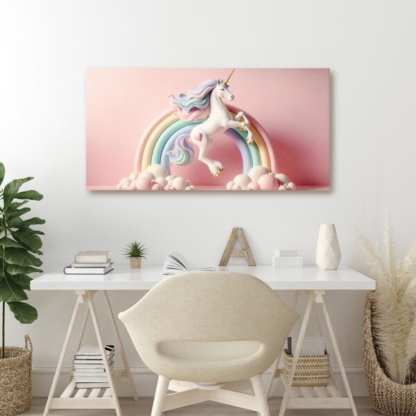Quadro su tela – Unicorno fiabesco su arcobaleno pastello