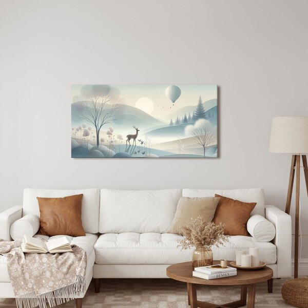 Quadro su tela – Paesaggio boschivo con cervo e montagne