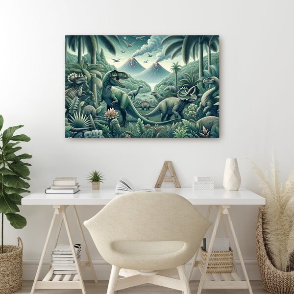 Quadro su tela – Dinosauri nella giungla con vulcani