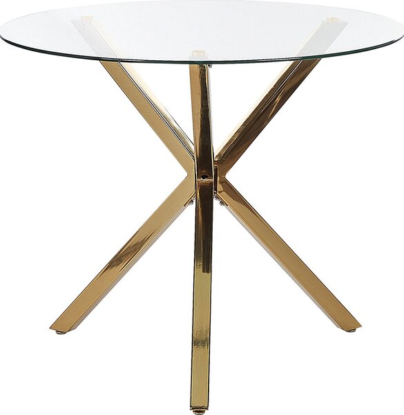 Tavolo da pranzo rotondo BELIANI, diametro 90 cm, con piano in vetro temperato trasparente e base a croce in ferro dorato con protezioni. Design moderno ed elegante per la sala da pranzo