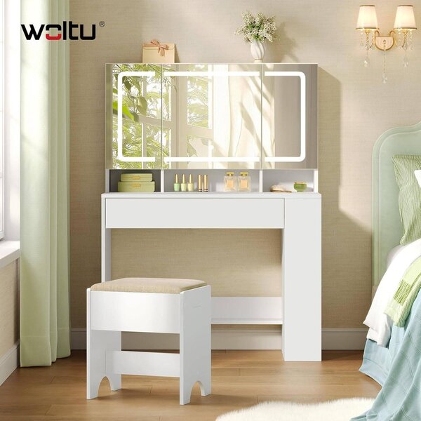 WOLTU Tavolino da toilette con specchio luminoso LED, tavolino da toilette con cassetto, ripiano dietro lo specchio, bianco, 90 x 40 cm