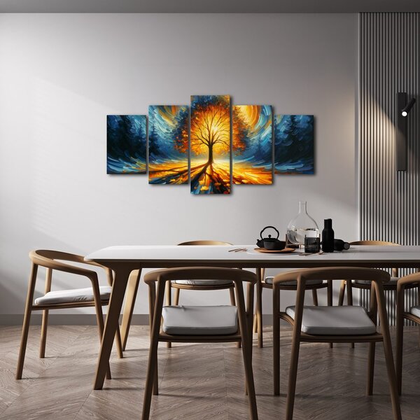 Quadri 5 pezzi – Albero della vita luminoso nei toni infuocati