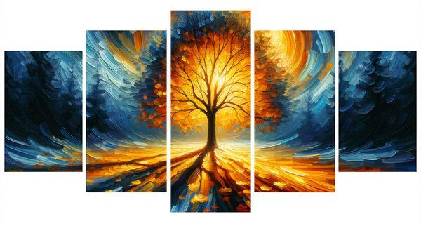 Quadri 5 pezzi – Albero della vita luminoso nei toni infuocati