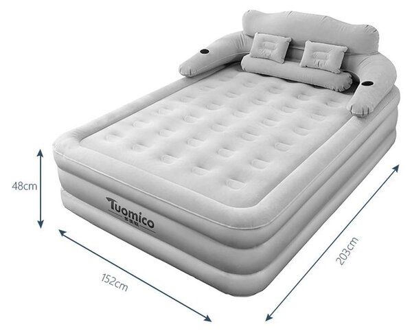 Materasso gonfiabile per campeggio - Letto matrimoniale gonfiabile, dimensioni 203x152x48 cm - Con schienale - Per 2 persone - Superficie in PVC floccato - Altezza 48 cm - Colore grigio