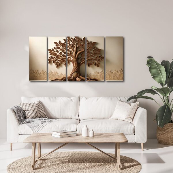 Quadri 5 pezzi – Albero della vita marrone con effetto 3D
