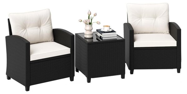 Set da giardino in rattan KOMFOTTEU, composto da 3 pezzi, ideale per terrazzi, balconi e piscine (bianco). Include un set di mobili da esterno con tavolo in vetro temperato e 2 poltrone