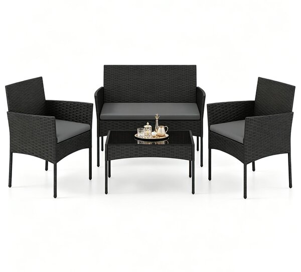 Set da giardino KOMFOTTEU, composto da 4 pezzi: un tavolino in vetro, 2 sedie e una panca. Set di sedute da esterno in rattan con struttura in metallo, dotato di cuscini imbottiti. Ideale per terrazzi, balconi, giardini e piscine