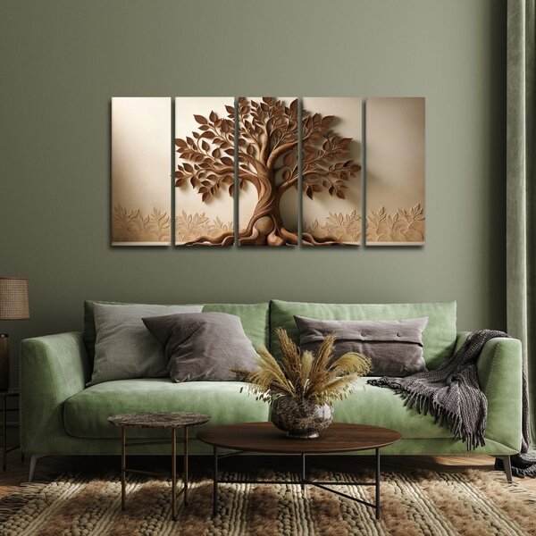 Quadri 5 pezzi – Albero della vita marrone con effetto 3D