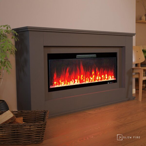 Camino elettrico Glow Fire «Rhea 127» | Camino da terra a LED grigio con funzione riscaldante (1500 W) | A x L x P: 97 x 178 x 33 cm