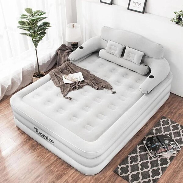 Letto gonfiabile matrimoniale - Materasso ad aria per 2 persone - Ideale per campeggio e uso domestico - 48 cm di altezza extra - Superficie morbida e rivestita, delicata sulla pelle - Grigio chiaro