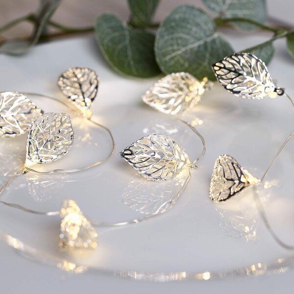 Catena luminosa micro LED Lights4fun, 20 luci, luce bianca calda, foglie argentate, alimentazione a batteria, timer, decorazione autunnale a forma di foglie, ghirlanda LED, decorazioni autunnali