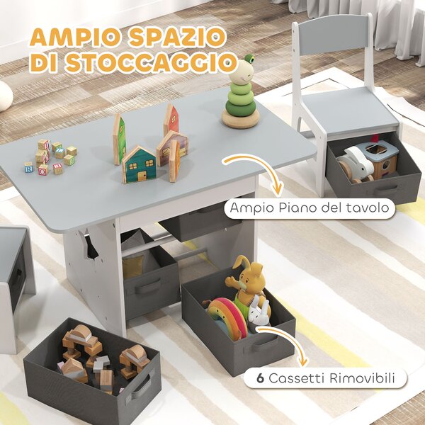 AIYAPLAY Set Tavolo e Sedie per Bambini 3-8 Anni con 6 Cassetti e Bordi Arrotondati, in Legno e Tessuto, Grigio e Bianco | Aosom Italy