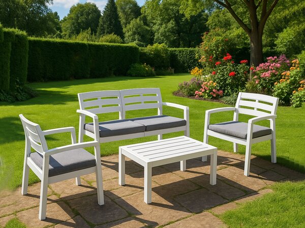 Salotto da giardino panche e tavolo effetto doghe bianco - Arti