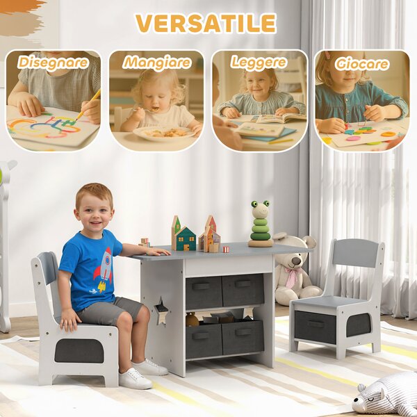 AIYAPLAY Set Tavolo e Sedie per Bambini 3-8 Anni con 6 Cassetti e Bordi Arrotondati, in Legno e Tessuto, Grigio e Bianco | Aosom Italy