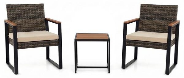 Set di mobili da balcone KOMFOTTEU in rattan sintetico PE, set da giardino composto da 3 pezzi con 2 sedie e un tavolino, set per balcone con cuscini rimovibili, capacità di carico di 150 kg, set di sedute per balcone, terrazza o giardino