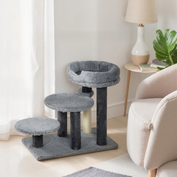 PawHut Tiragraffi e scala per gatti, base ampia, tessuto in peluche, palo graffi in sisal, grigio | Aosom Italy
