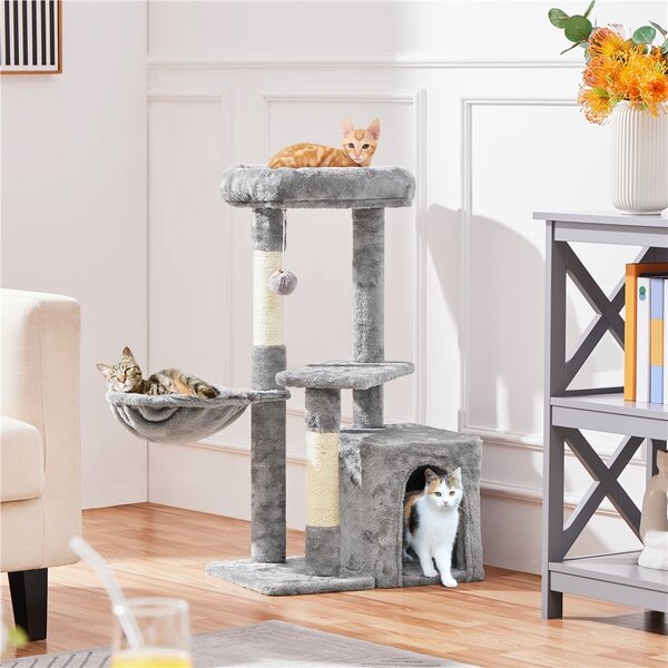 Yaheetech albero tiragraffi per gatti 87 cm albero da arrampicata con piattaforma di osservazione sdraiata caverna per gatti tronchi in sisal, grigio chiaro
