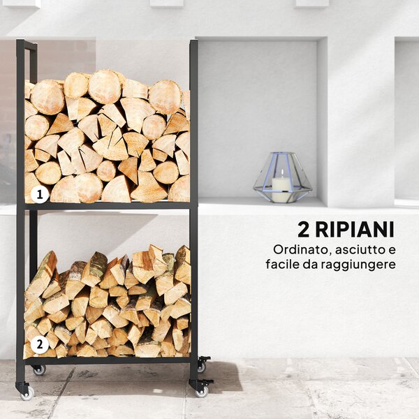 Outsunny Portalegna da Esterno e Interno a Due Livelli con Ruote in Acciaio Rinforzato, 60x30x119 cm, Nero | Aosom Italy