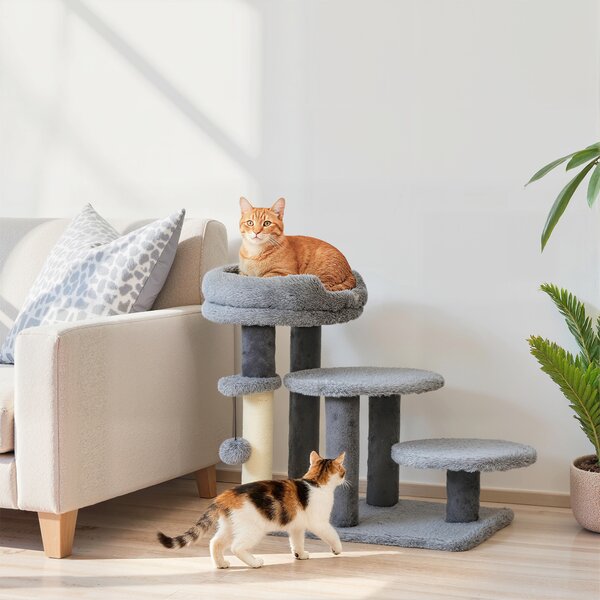 PawHut Tiragraffi e scala per gatti, base ampia, tessuto in peluche, palo graffi in sisal, grigio | Aosom Italy