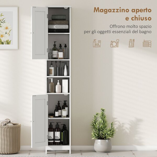 HOMCOM Mobile Alto Bagno con 2 Ripiani Aperti e 2 Armadietti con Scaffali Regolabili, in Legno, 30x30x170 cm, Bianco | Aosom Italy