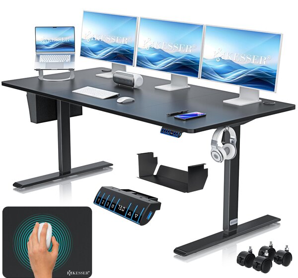 Scrivania regolabile in altezza KESSER®, elettrica, con memoria a 3 posizioni, inclusi rotelle e porta USB