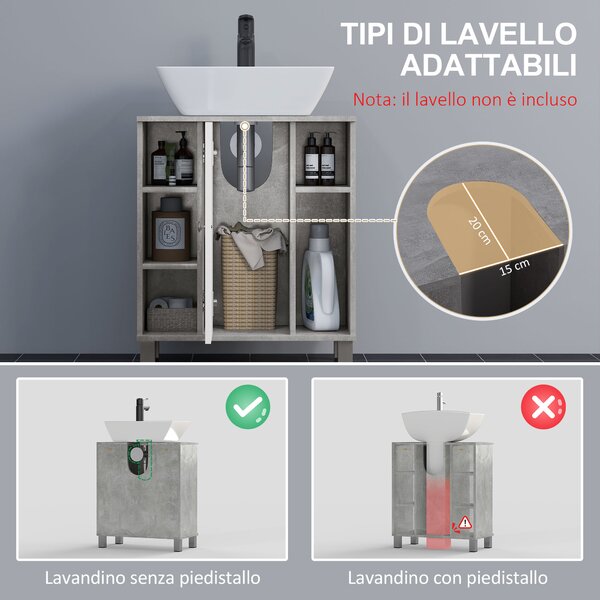 Kleankin Mobiletto Sottolavandino con Intaglio a U, Armadietto Sottolavabo con 6 Ripiani in Legno, 60x30x68cm Bianco, Grigio|Aosom