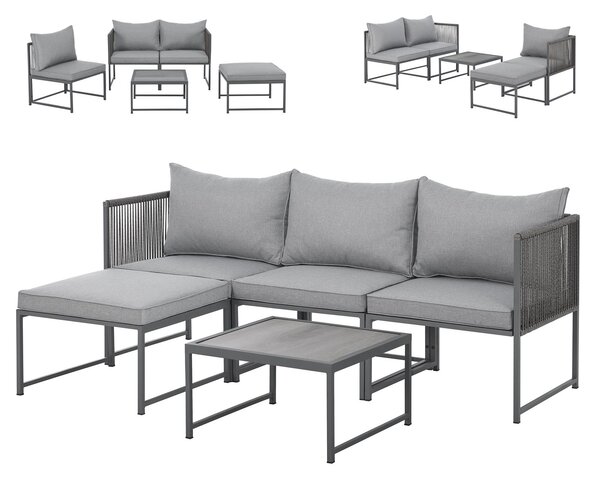 SVITA DETROIT Set di mobili da giardino in polyrattan Lounge Divano angolare modulare Chaise longue Tavolo Flessibile come divano a 3 posti o poltrona a 2 posti Cuscini inclusi Grigio