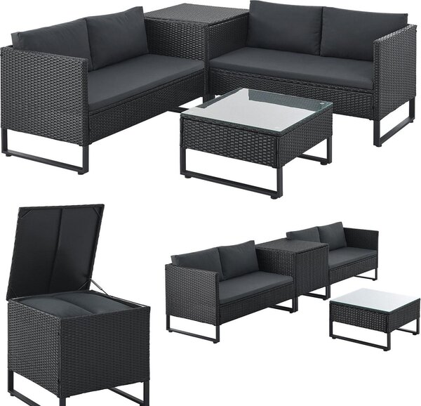Juskys lounge Santorini in polyrattan - seduta con tavolino e scatola di cuscini - nero
