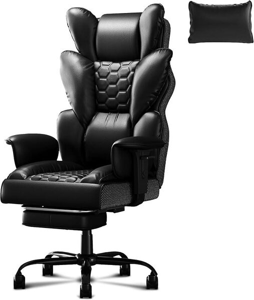 Poltrona da ufficio ergonomica con poggiapiedi, girevole, con schienale alto, rivestita in ecopelle, regolabile da 90° a 135°. Ideale come sedia da ufficio per direttori, adatta per l'uso in casa e in ufficio, colore nero