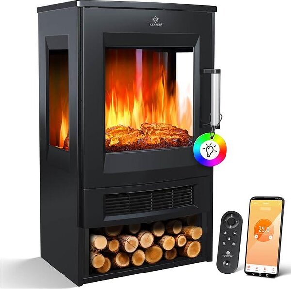 Camino elettrico con riscaldamento, finestra panoramica, ventola riscaldante, effetto fiamma LED con 9 modalità di colore, telecomando, app WiFi, potenza 900/1800W. Camino elettrico con termostato, funzione di riscaldamento e timer