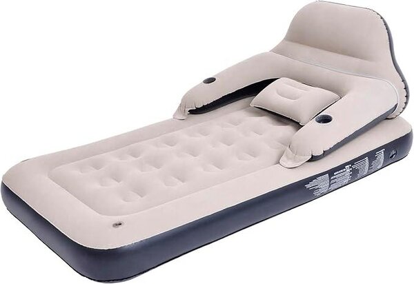Materasso gonfiabile a due piazze, trasformabile in divano letto con poggiatesta e cuscini, ideale per pernottamenti all'aperto
