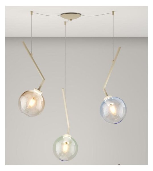 L-LINE SOSPENSIONE 3 LUCI DECENTRATA SABBIA CON VETRI COLORATI LAMPADINE E27