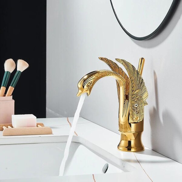 Miscelatore monocomando per lavabo a forma di cigno – Rubinetto da bagno monocomando – Miscelatore per acqua calda e fredda – Montaggio a incasso, foro singolo – Modello basso, finitura oro