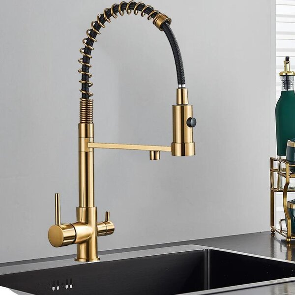 Miscelatore per lavello da cucina – Adatto per acqua potabile filtrata – 2 maniglie – Acqua calda e fredda – Doccetta estraibile – Acciaio inossidabile – Finitura oro spazzolato
