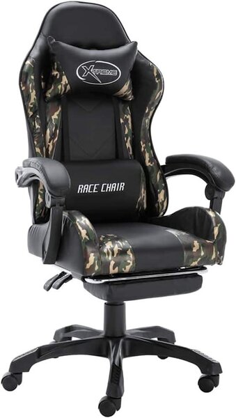 Sedia da gaming con poggiapiedi, in ecopelle, nera e con motivo camouflage. Sedia da ufficio ergonomica, girevole e regolabile in altezza, con braccioli imbottiti e poggiatesta, ideale per l'ufficio domestico e il gaming