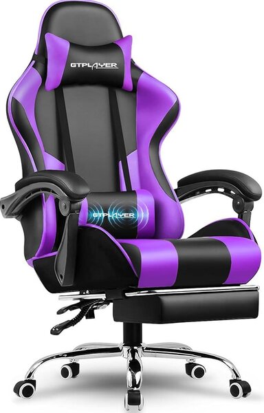 Sedia da gaming, sedia da ufficio, sedia ergonomica per PC, poltrona da gaming con supporto lombare massaggiante, sedie da lavoro con poggiapiedi e poggiatesta, in ecopelle color viola