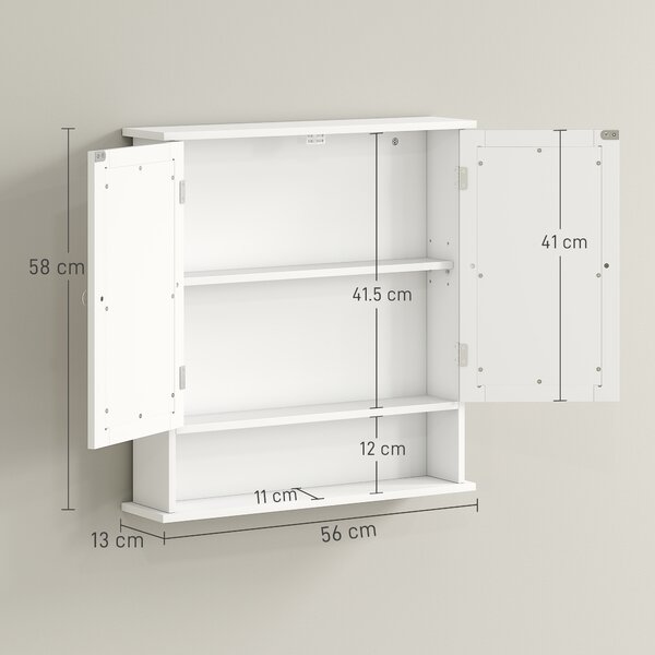 Kleankin Armadietto Bagno da Parete con 2 Ante a Specchio e Ripiano Aperto, 56x13x58 cm, Bianco | Aosom Italy