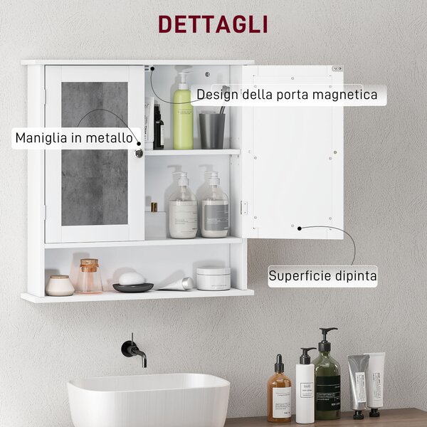 Kleankin Armadietto Bagno da Parete con 2 Ante a Specchio e Ripiano Aperto, 56x13x58 cm, Bianco | Aosom Italy