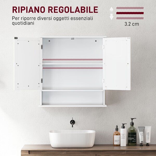 Kleankin Armadietto Bagno da Parete con 2 Ante a Specchio e Ripiano Aperto, 56x13x58 cm, Bianco | Aosom Italy