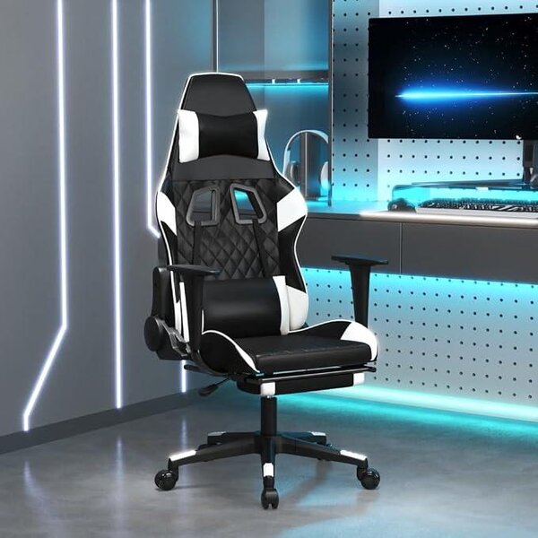 Sedia da gaming in ecopelle, nera e bianca, con funzione massaggio, poggiapiedi, regolazione dell'altezza e funzione reclinabile. Sedia girevole con braccioli e supporto lombare, ideale per l'ufficio domestico, l'ufficio, il computer e il gaming