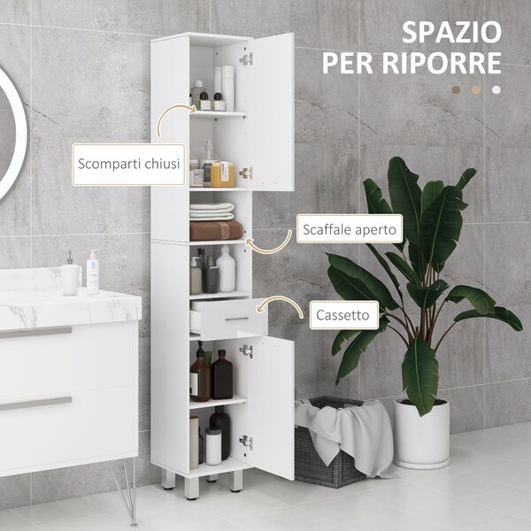 Kleankin Colonna Bagno con Cassetto, 2 Ripiani Aperti e 2 Armadietti a 2 Livelli, in Legno, 30x30x180 cm, Bianco Lucido | Aosom Italy