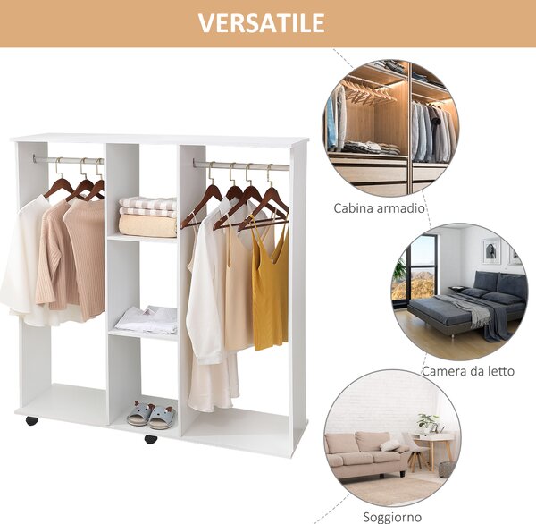 HOMCOM Armadio Guardaroba a Rotelle con 2 Barre e 3 Ripiani Aperti, in Legno e Alluminio, 120x40x128 cm, Bianco | Aosom Italy