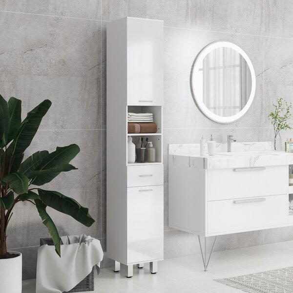 Kleankin Colonna Bagno con Cassetto, 2 Ripiani Aperti e 2 Armadietti a 2 Livelli, in Legno, 30x30x180 cm, Bianco Lucido | Aosom Italy