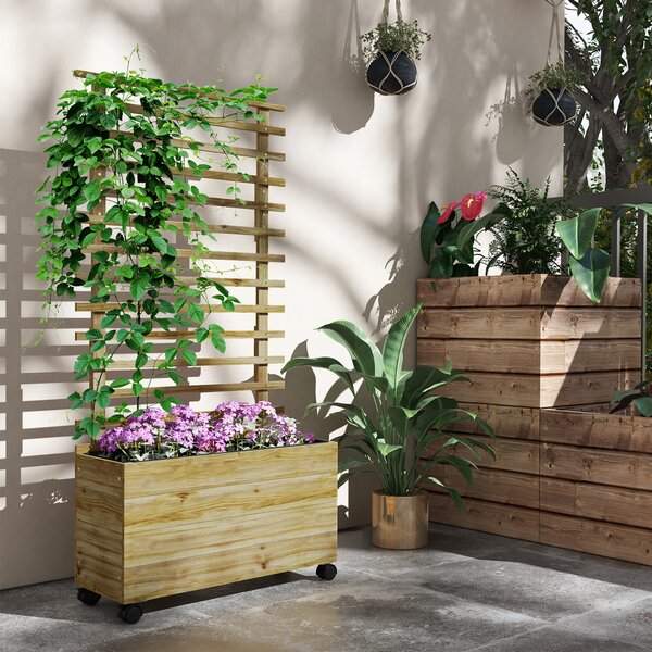 Outsunny Fioriera Verticale con 4 Ruote e Traliccio per Piante Rampicanti in Legno, 76x30x155 cm, Color Legno | Aosom Italy