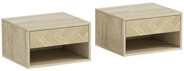 Set di 2 Comodini Sospesi Moderni 37x32x21 cm con Cassetto e Vano Aperto in Melamina Legno Naturale