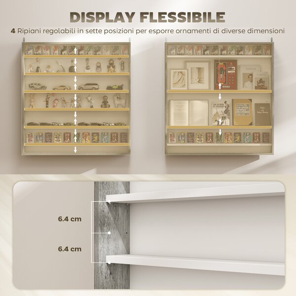 HOMCOM Bacheca Portaoggetti a 5 Ripiani Regolabili in Legno con Ante in Vetro, 80x9.5x83 cm, Bianco e Grigio | Aosom Italy
