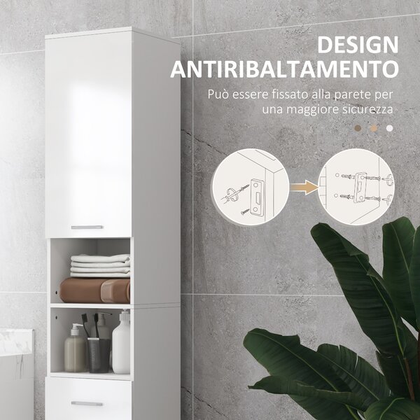 Kleankin Colonna Bagno con Cassetto, 2 Ripiani Aperti e 2 Armadietti a 2 Livelli, in Legno, 30x30x180 cm, Bianco Lucido | Aosom Italy